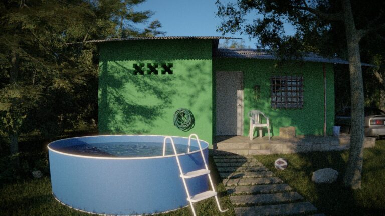 Pooltreppe aus Paletten selber bauen: Schritt für Schritt Pooltreppe aus Paletten selber bauen, runder Aufstellpool im Garten neben einem grünen Haus